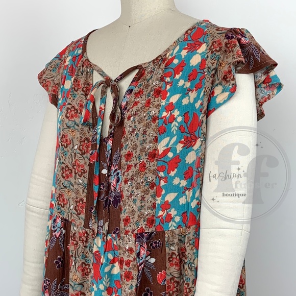 Blue B Patchwork Flutter Sleeve Floral Print Short Tiered Mini Swing Tunic Dress - Picture 5 of 15